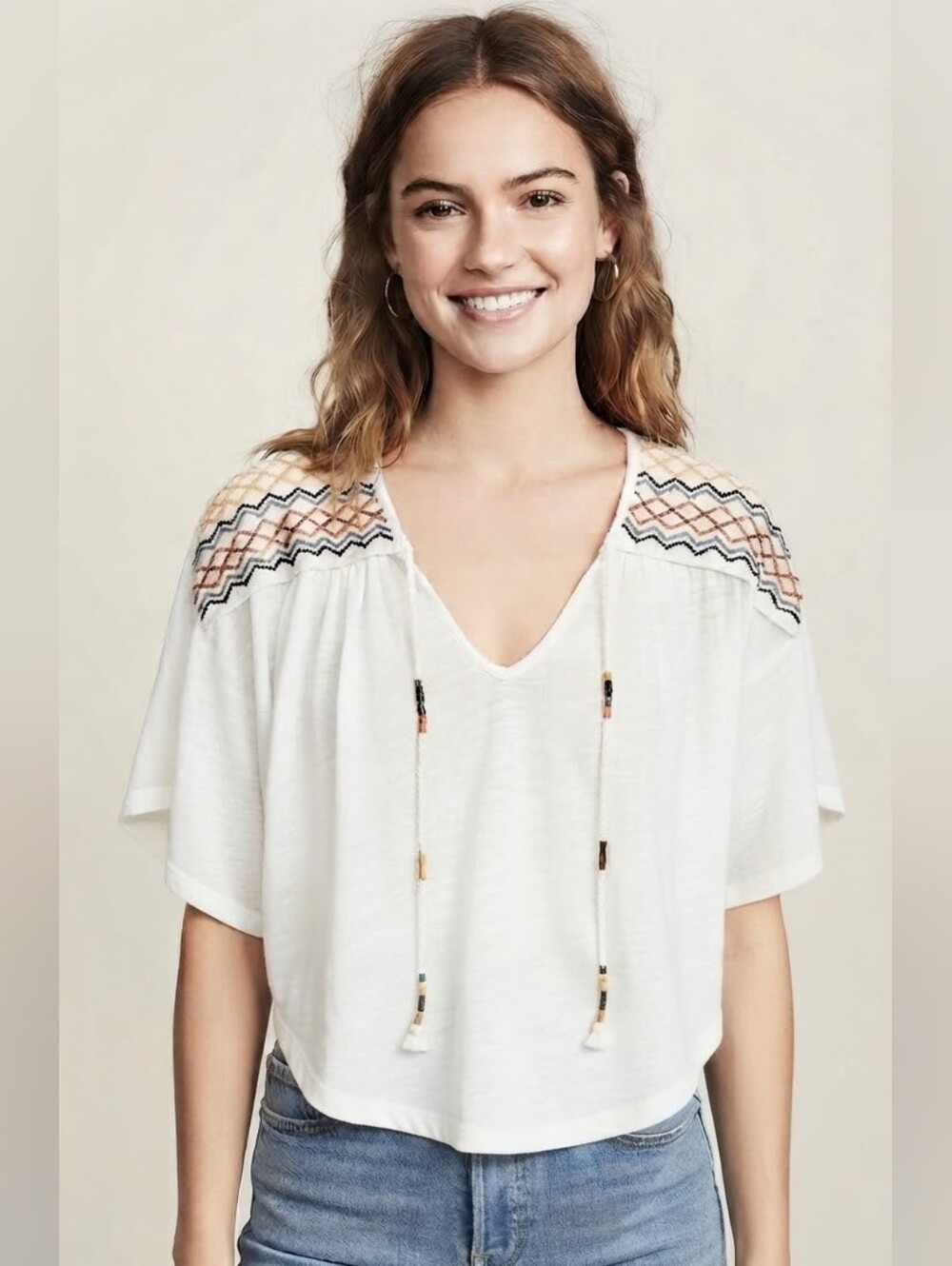 FREE PEOPLE Embroidered Oversized Boho Crop Top – XS